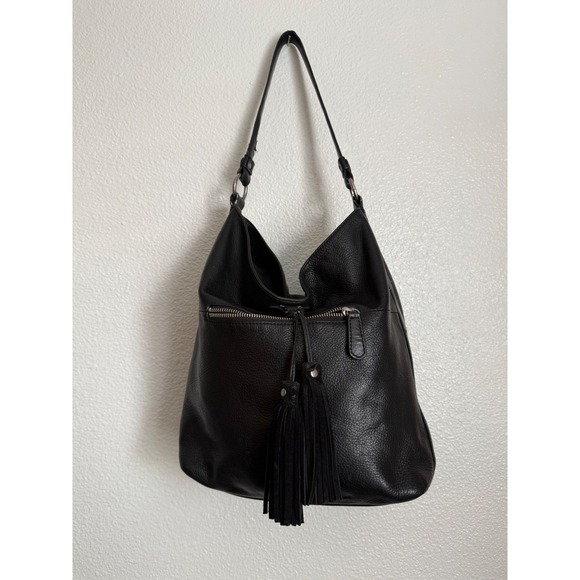 Frye Heidi Black Pebbled Leather Hobo Bag with Tassels - Picture 2 of 16